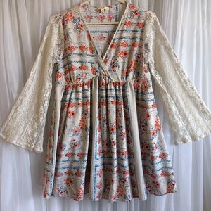 Kori Vaige With Red and Blue Floral Pattern Dress with Bell Lace Sleeves